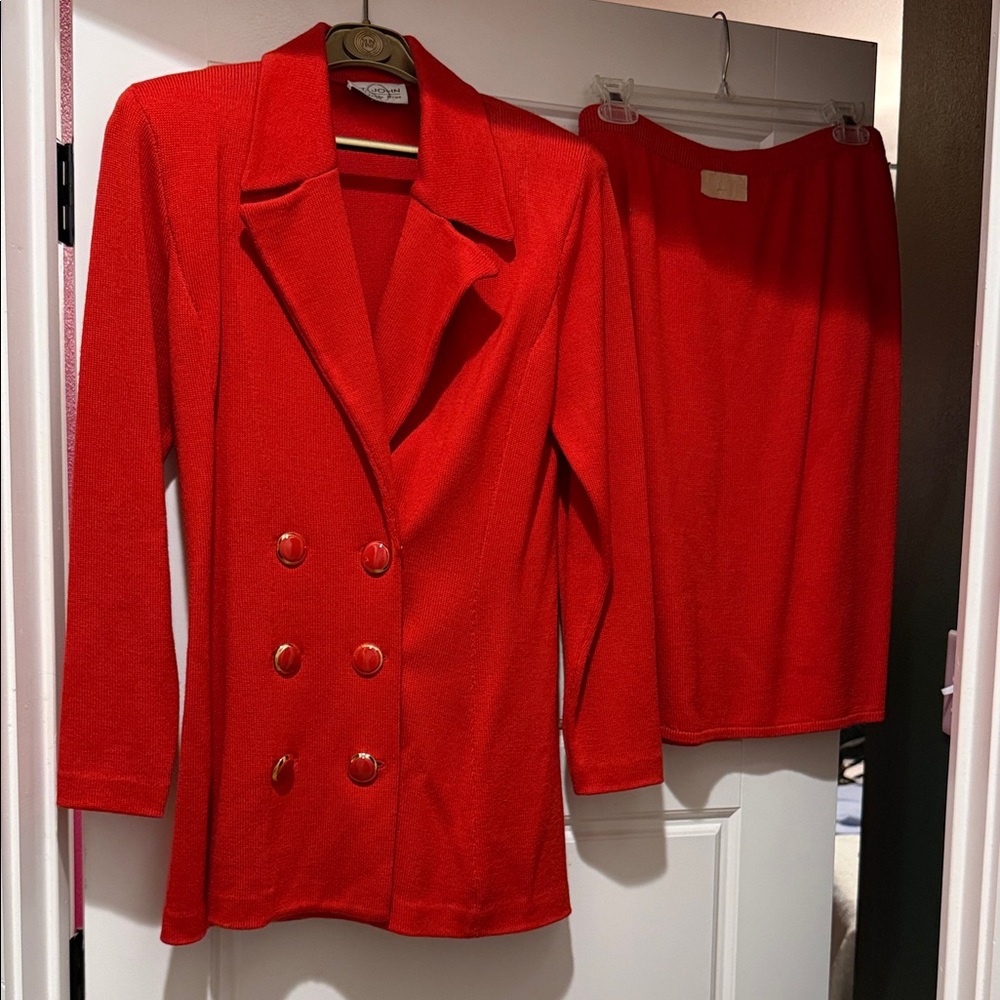 Vintage St. John Women's Red Double-Breasted Blazer with matching skirt
